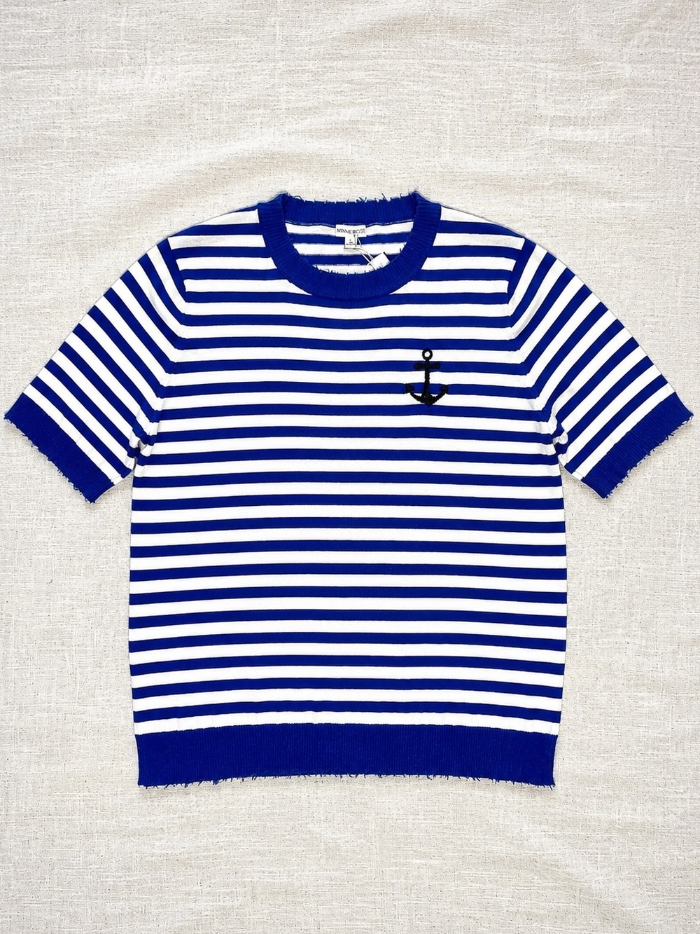 Minnie Rose Distressed Stripe Cotton Cashmere Knit Tee Boxy Blue White Large NWT